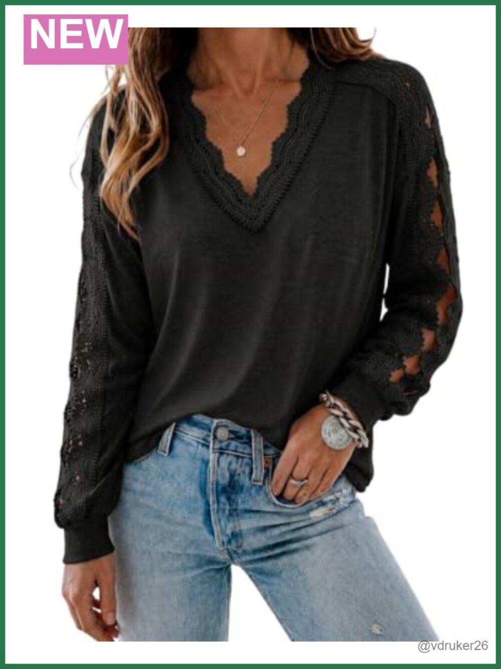 Womens Lace V Neck Long Sleeve Knit Blouse Lantern Sleeve Work Top